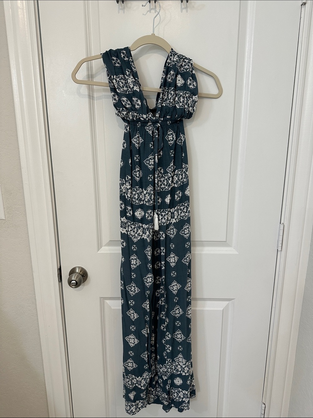 Faithfull the Brand Teal and White Backless Printed Halter Dress